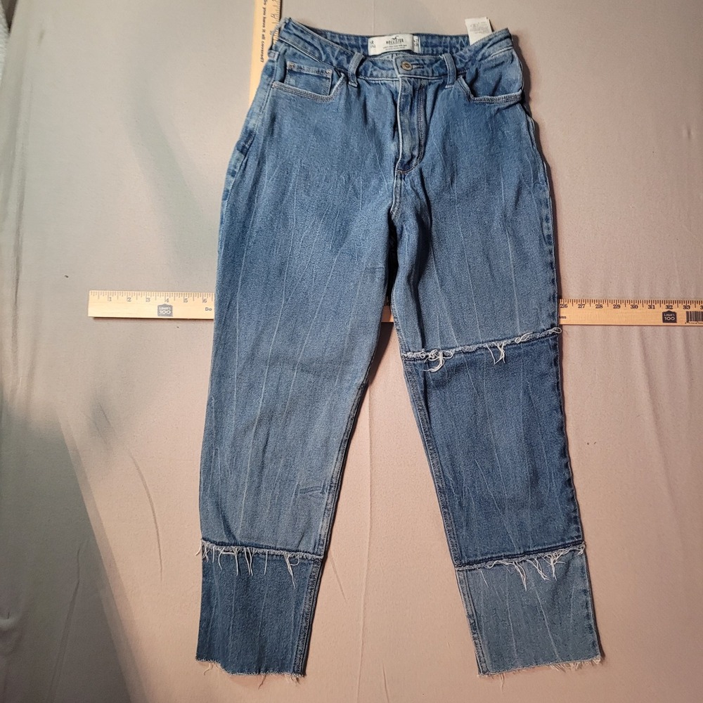 Hollister Curvy High-Rise Mom Jean Blue Pinstripe Frayed Hem 5R W27 L27 355D2947